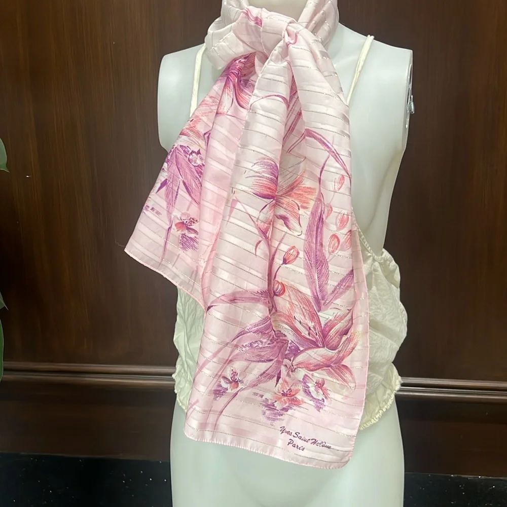 Vintage 1970s Scarf Oblong Sheer Monaco Monte Carlo Pink Rose Floral Ombre